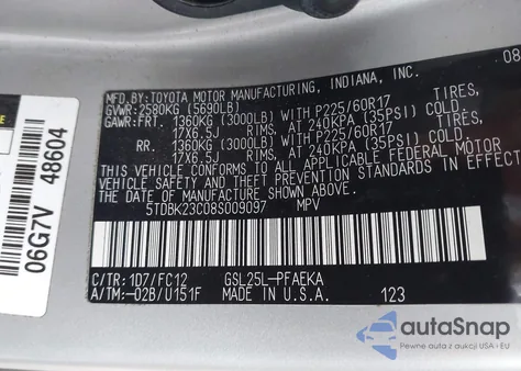 2008 Toyota Sienna Le из США, поврежденный, VIN 5TDBK23C08S009097